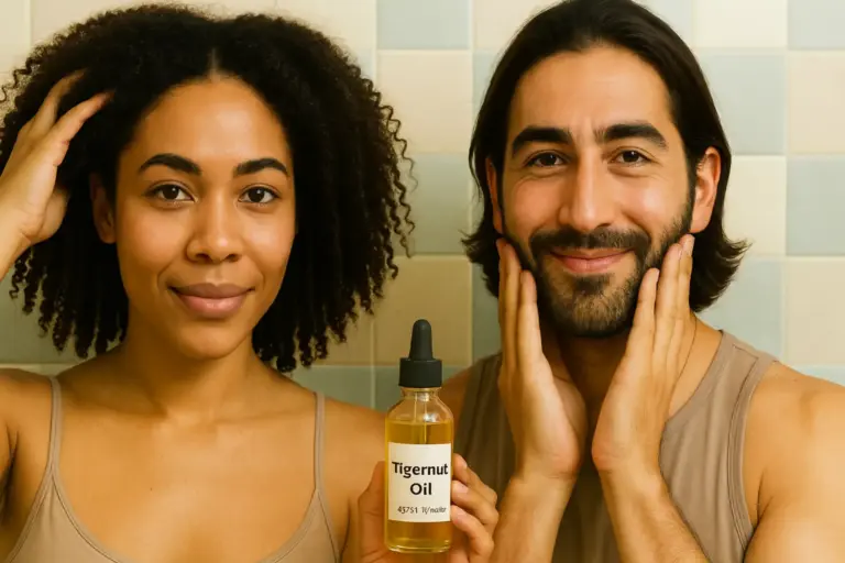 A woman massaging Tigernut oil into her hair and a bearded man massaging Tigernit oil into his beard and on his face.
