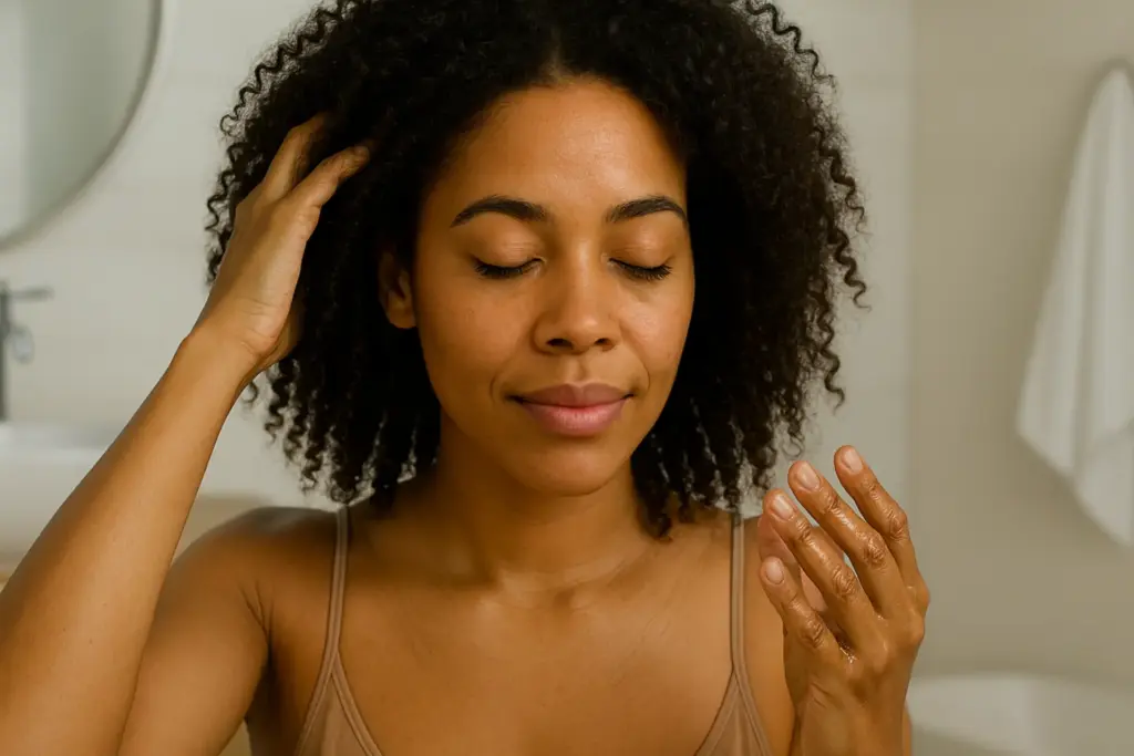 A woman applying Tigernut Oil to her hair.