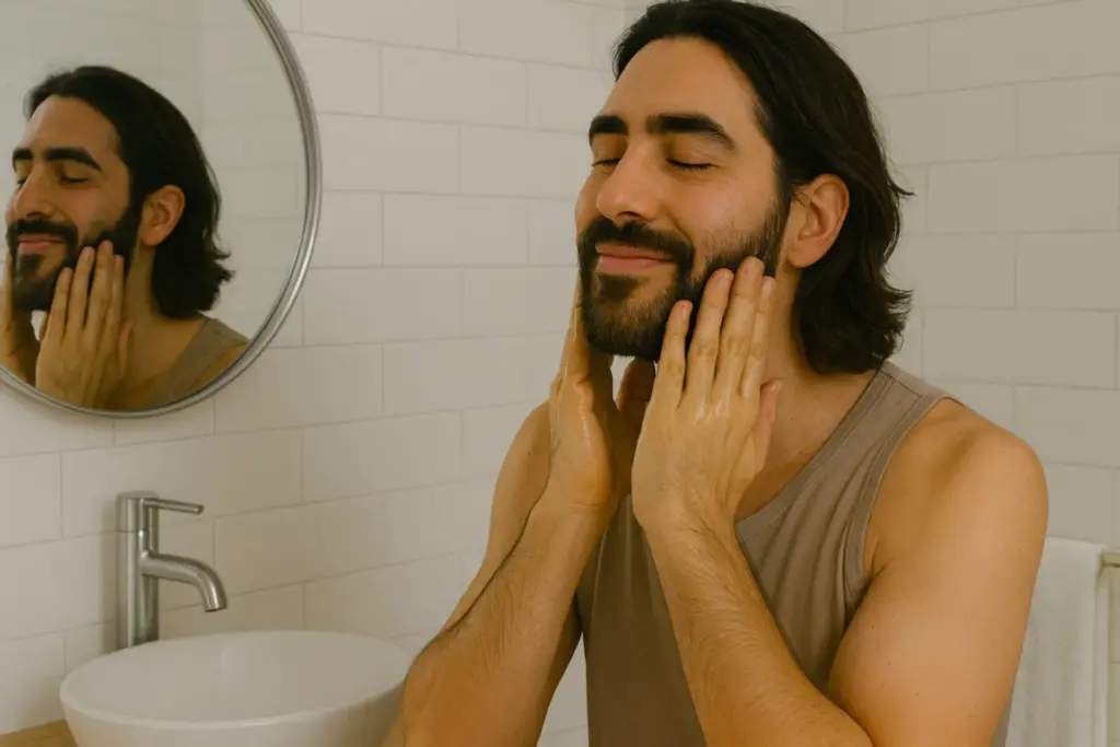 A bearded man applying Tigernut oil to his face and beard.