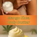 A woman applying Mango Shea Body Butter to her arm. and a jar of Mango Shea Body Butter with a slice of fresh mango and a shea nut.