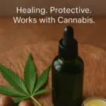 A bottle of Tamanu Oil, jar of balm and a cannabis leaf.