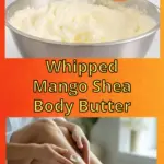 A bowl of whipped Mango Shea Body Butter and a woman applying Mango Shea Body Butter to her leg.