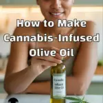 A woman sitting at a table with a bottle of cannabis-infused olive oil.