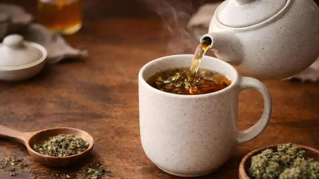 Cannabis tea being poured from a teapot into a mug.
