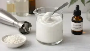 A laboratory beaker filled with a moisturiser made with Montanov 68 emulsifier.