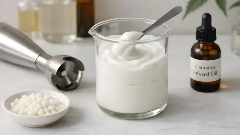 A laboratory beaker filled with a moisturiser made with Montanov 68 emulsifier.