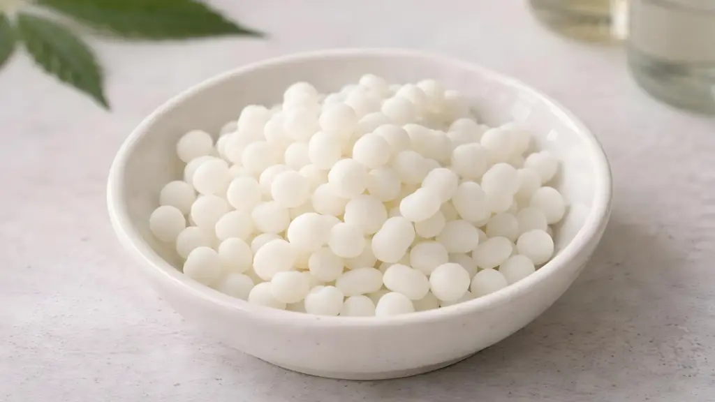 A small bowl of Montanov 68™ Emulsifier pellets.