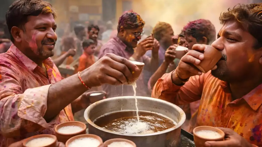 Men drinking cannabis tea Bhang at a religious ceremony in India.