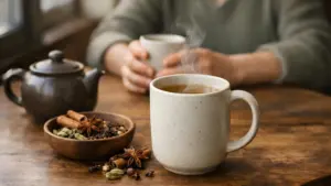 A mug of cannabis tea along with chai rea spices