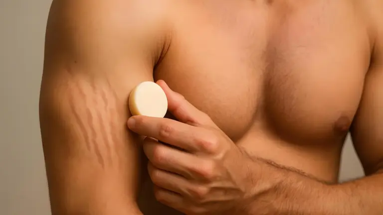 A man massaging in Stretch Mark Balm into the stretch marks on his biceps.