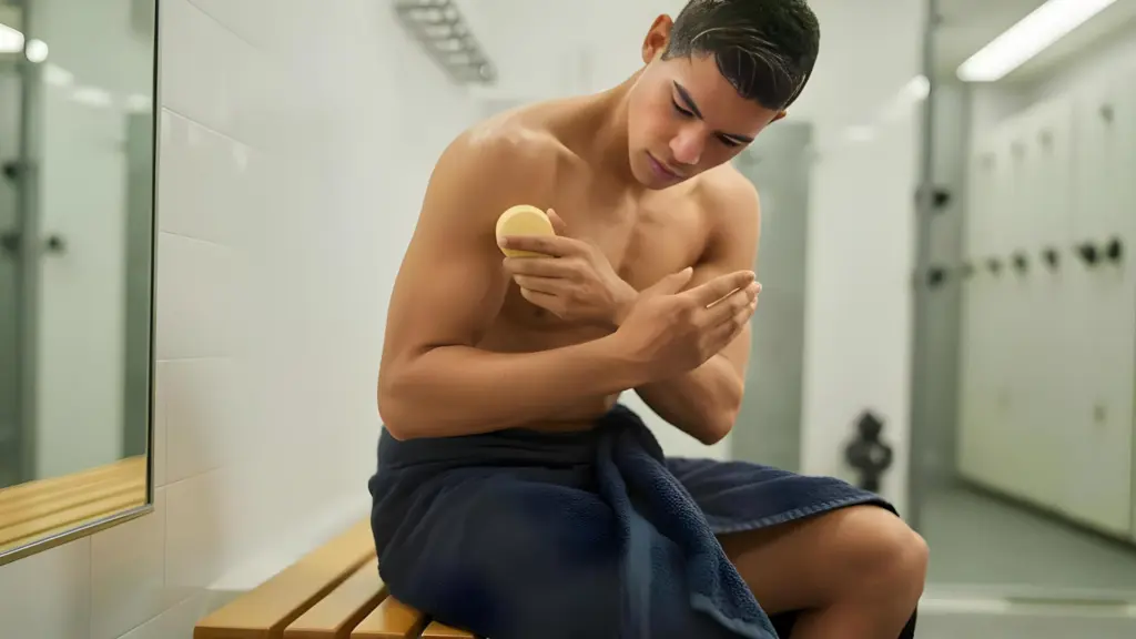 A man in a gym applying stretch mark balm to his biceps.