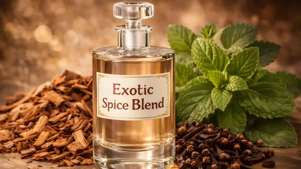 Exotic Spice Blend DIY Colognes for Men with sandalwood shavings, cloves, and patchouli leaves.