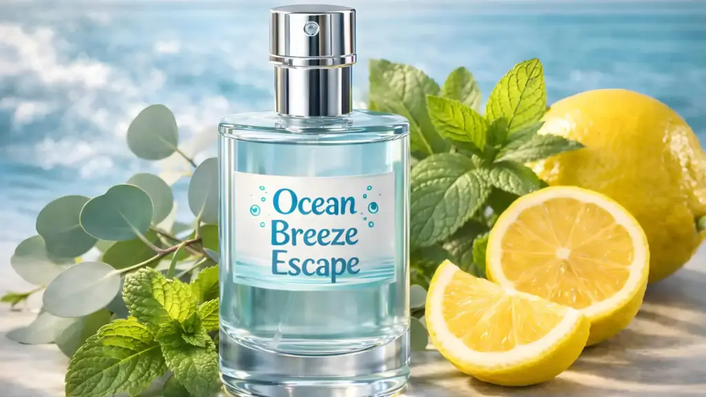 DIY Colognes for Men Ocean Breeze Escape with fresh eucalyptus leaves, lemons and spearmint leaves.