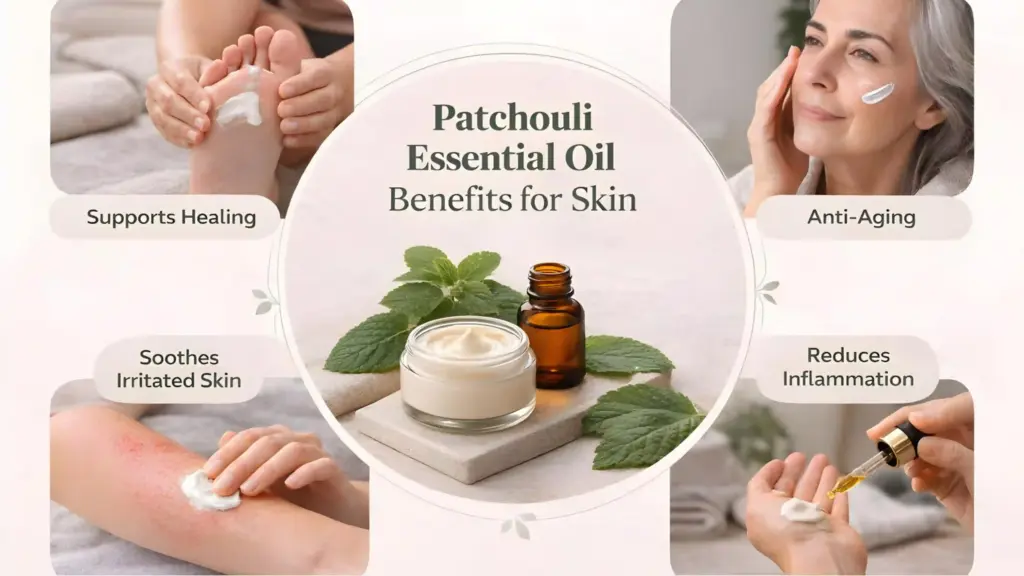 Infographic showing patchouli essential oil benefits for skin
