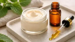 A pipette dropper bottle of Patchouli Essential Oil with an open jar of moisturiser.