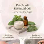 A five image infographic about patchouli essential oil benefits.