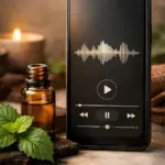 A mobile phone playing a podcast and an open bottle of patchouli essential oil.