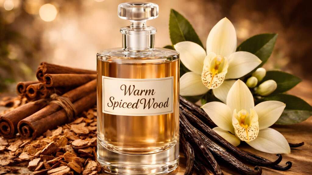Warm Spiced Wood DIY Colognes for men with cinnamon bark, cedarwood chippings, and vanilla pods.