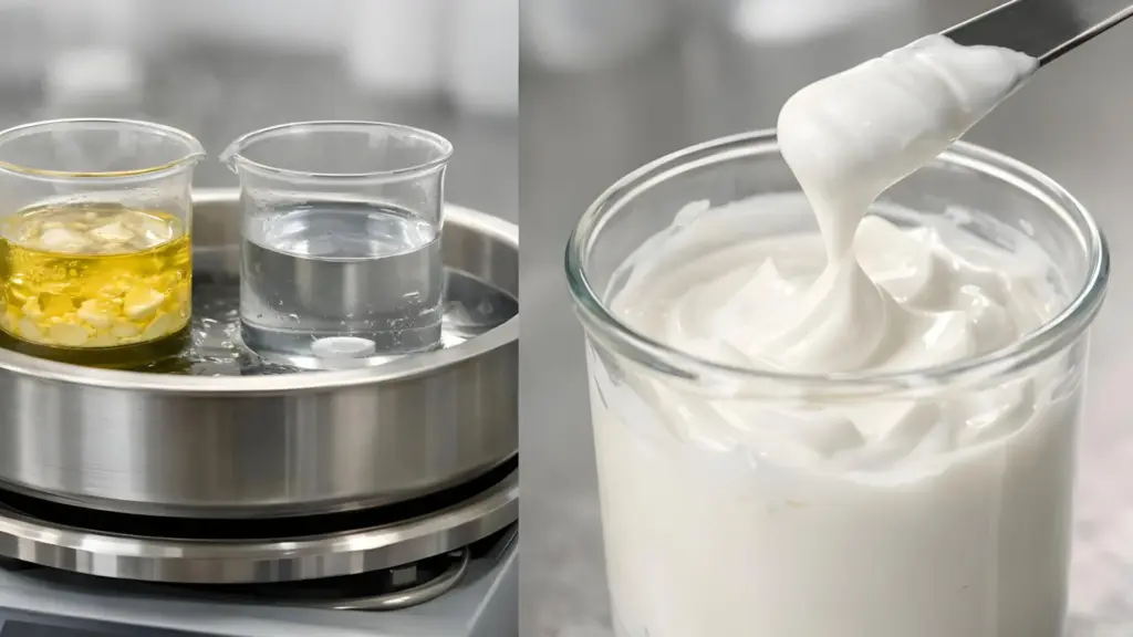 Emulsifier BTMS-25 and water in a bain marie alongside the finished cream.