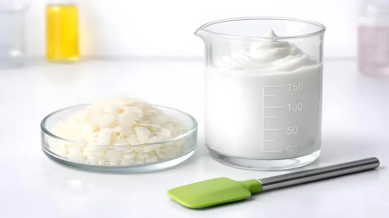 Emulsifying Wax BTMS-25 flakes with a jar of finished cream and a spatula alongside.