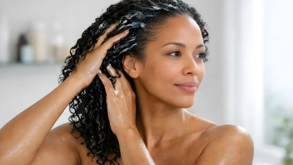 A woman pulling Emulsifying Wax BTMS-25 hair conditioner through her hair.