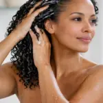 A woman using hair conditioner made with Emulsifying Wax BTMS-25.