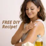 A woman applying whipped shea butter and cannabis body butter to her shoulder at a clean skincare table with a jar of creamy body butter, raw shea butter pieces, and infused oil.