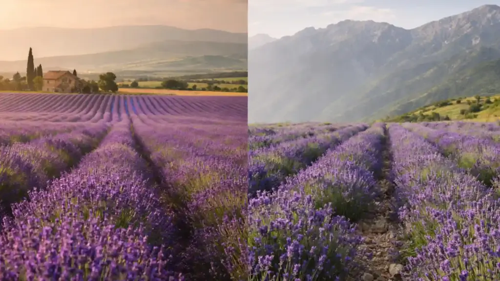 Two photos of different growing regions showing how lavender essential oil benefits vary with different altitudes.