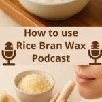 A bowl of rice bran wax and a woman using a rice bran wax lip balm.