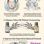 Infographic explaining lavender essential oil benefits for skin irritation, aromatherapy calming effects, terpene chemistry and scalp health.
