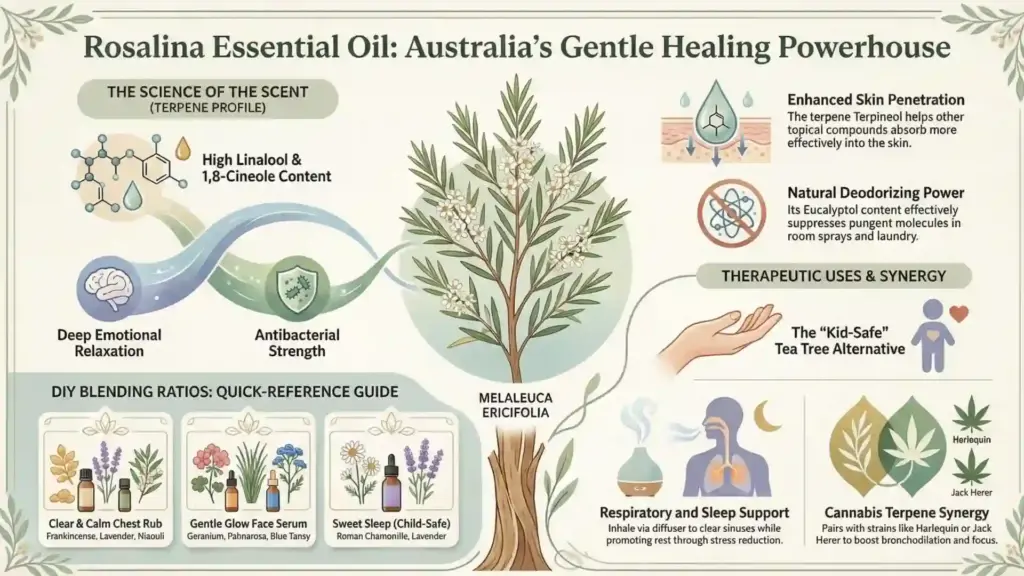 Infographic overview of Rosalina Essential Oil.