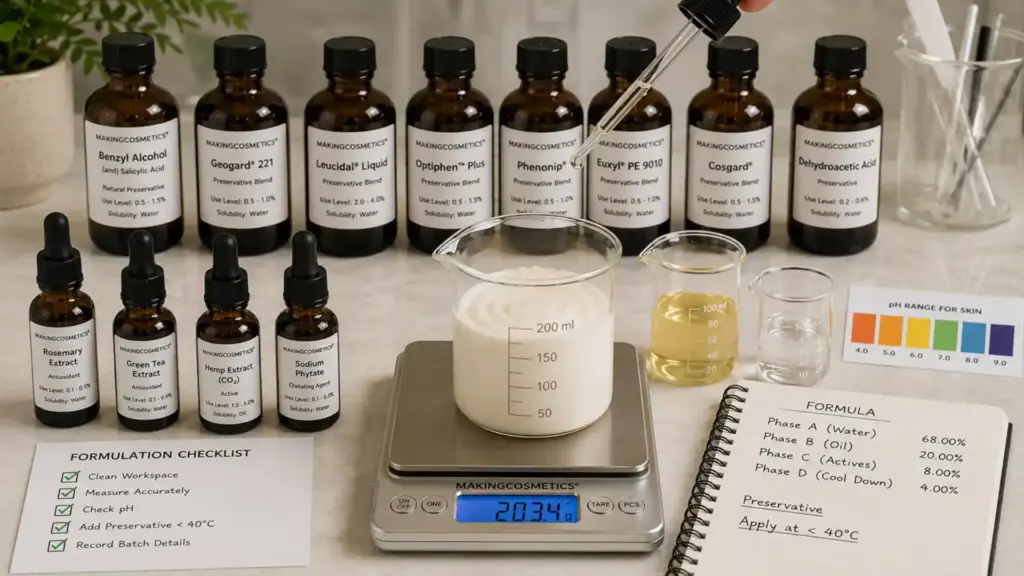 Cannabis topicals formulation with preservative bottles, cream in a 200 ml beaker on scales, pH chart and skincare formula notes.