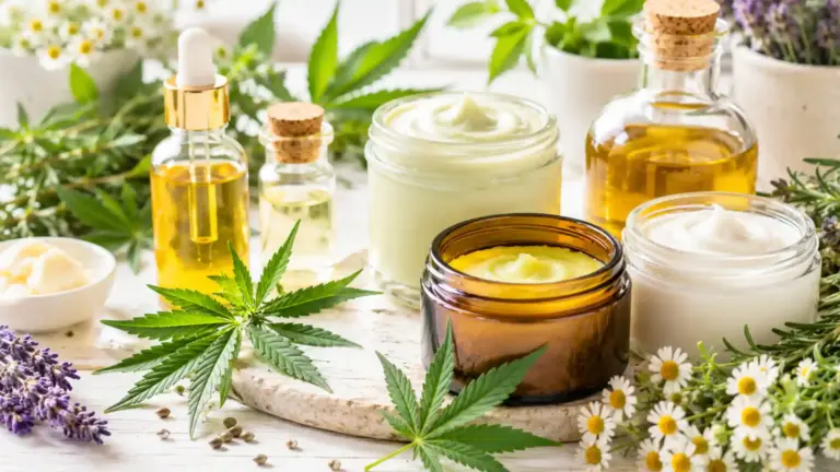 Cannabis topicals with infused oils, cream jars, carrier oils, cannabis leaves and botanical skincare ingredients.