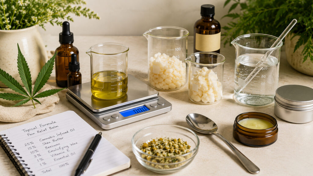 Cannabis topicals formulation setup with scale, beakers, carrier oil, balm ingredients and skincare jars.