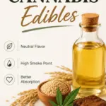 A bottle of rice bran oil with a plate of cannabis brownies.