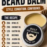 DIY conditioning beard balm graphic with recipe, balm tin, and benefits: softer beard, better control, easy rinse.