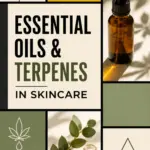 Mondrian-style Pinterest graphic with blocks of green, cream, mustard, and black, showing cannabis leaves, dropper bottles, oil icons, and text reading Essential Oils & Terpenes in Skincare with 420formulator.com at the bottom.