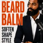 Pinterest podcast pin showing a bearded Afro-Caribbean man in a business suit wearing headphones in a minimalist office, with bold text promoting a DIY Beard Balm episode about softening, shaping, and styling a beard.