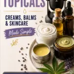 Pinterest pin showing cannabis skincare products, oils, balms, creams, a podcast microphone, and text reading Cannabis Topicals: Creams, Balms & Skincare Made Simple.