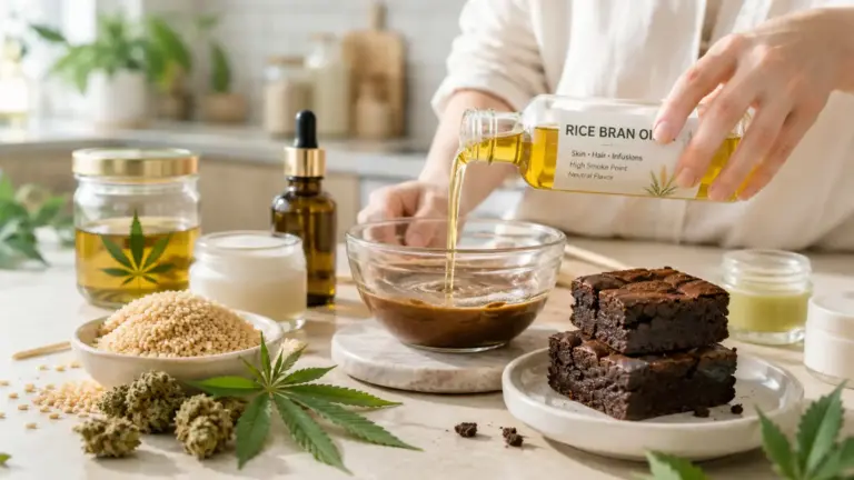 A person pouring rice bran oil into a brownie mix alongside cannabis buds and a jar of moistiriser.