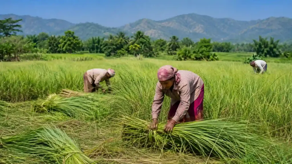 Palmarosa essential oil benefits begin with careful cultivation and harvesting in India.