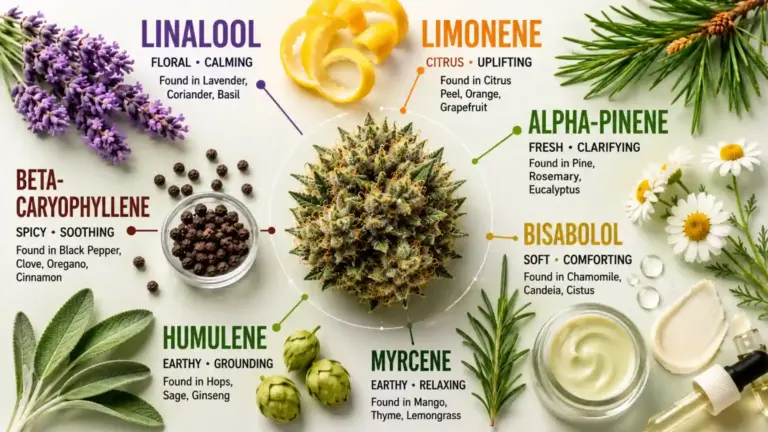 Cannabis terpenes for skin shown with cannabis flower, lavender, citrus peel, black pepper, pine needles and chamomile.