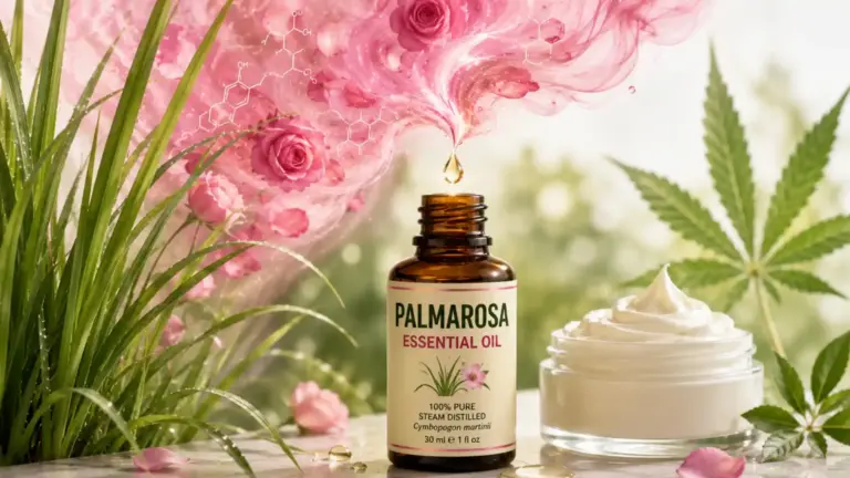 Palmarosa essential oil benefits shown with an open amber bottle, Palmarosa grass, rose-like aromatic vapour, a golden oil drop and cannabis skincare cream.