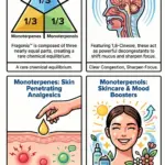 Pinterest infographic for Fragonia™ essential oil showing its Golden Triangle chemistry, with oxides, monoterpenes and monoterpenols in near-equal thirds, plus visual panels for respiratory support, skin comfort and mood-lifting aromatherapy benefits.