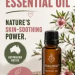 Pinterest graphic for Fragonia™ Essential Oil showing an amber essential oil bottle with Australian native flowers and bold text promoting it as a DIY skincare ingredient.