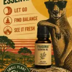 Vintage Australian-style Fragonia™ essential oil poster with a kangaroo in sunglasses, an amber oil bottle, outback landscape, and text reading Let Go, Find Balance, See It Fresh.