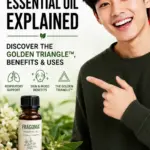 Pinterest pin promoting a Fragonia™ essential oil blog post and YouTube video, featuring a young Asian man pointing towards bold text about Fragonia™ essential oil, the Golden Triangle™, respiratory support, skin and mood benefits, with a bottle of essential oil and a red watch on YouTube call to action.