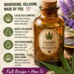 Cannabis massage oil recipe Pinterest graphic with an amber dropper bottle, cannabis leaves, essential oil blend benefits and a watch on YouTube call to action.