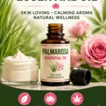 Pinterest pin for Palmarosa essential oil video showing an amber oil bottle, cream jar, Palmarosa grass, roses, cannabis leaf background and Watch on YouTube button.
