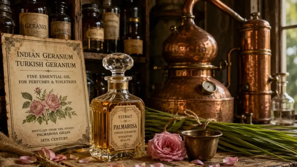 Antique glass perfume bottle beside a traditional copper alembic still used for the historical distillation of aromatic plants and essential oils.